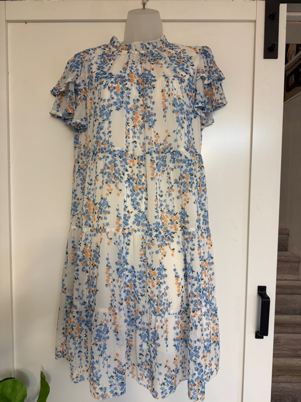 Floral Tiered Ruffle Short Sleeve Dress - Cream with Blue & Yellow Flowers